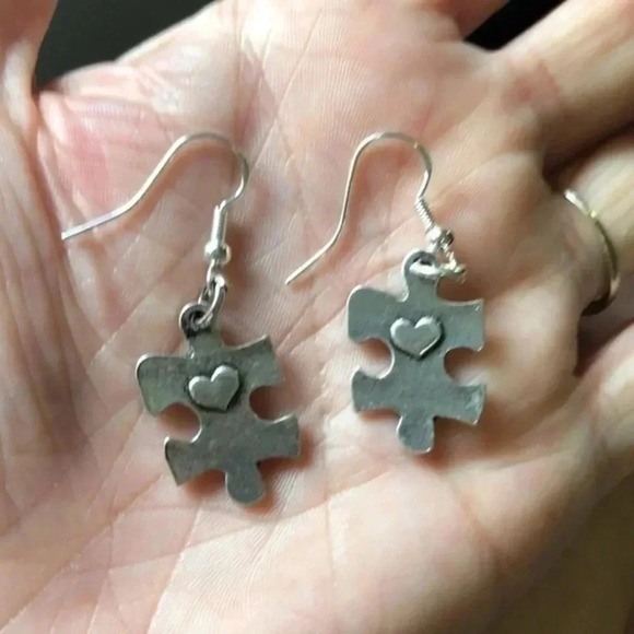 Silver Puzzle Piece Autism Awareness Earrings NWT - Picture 1 of 3